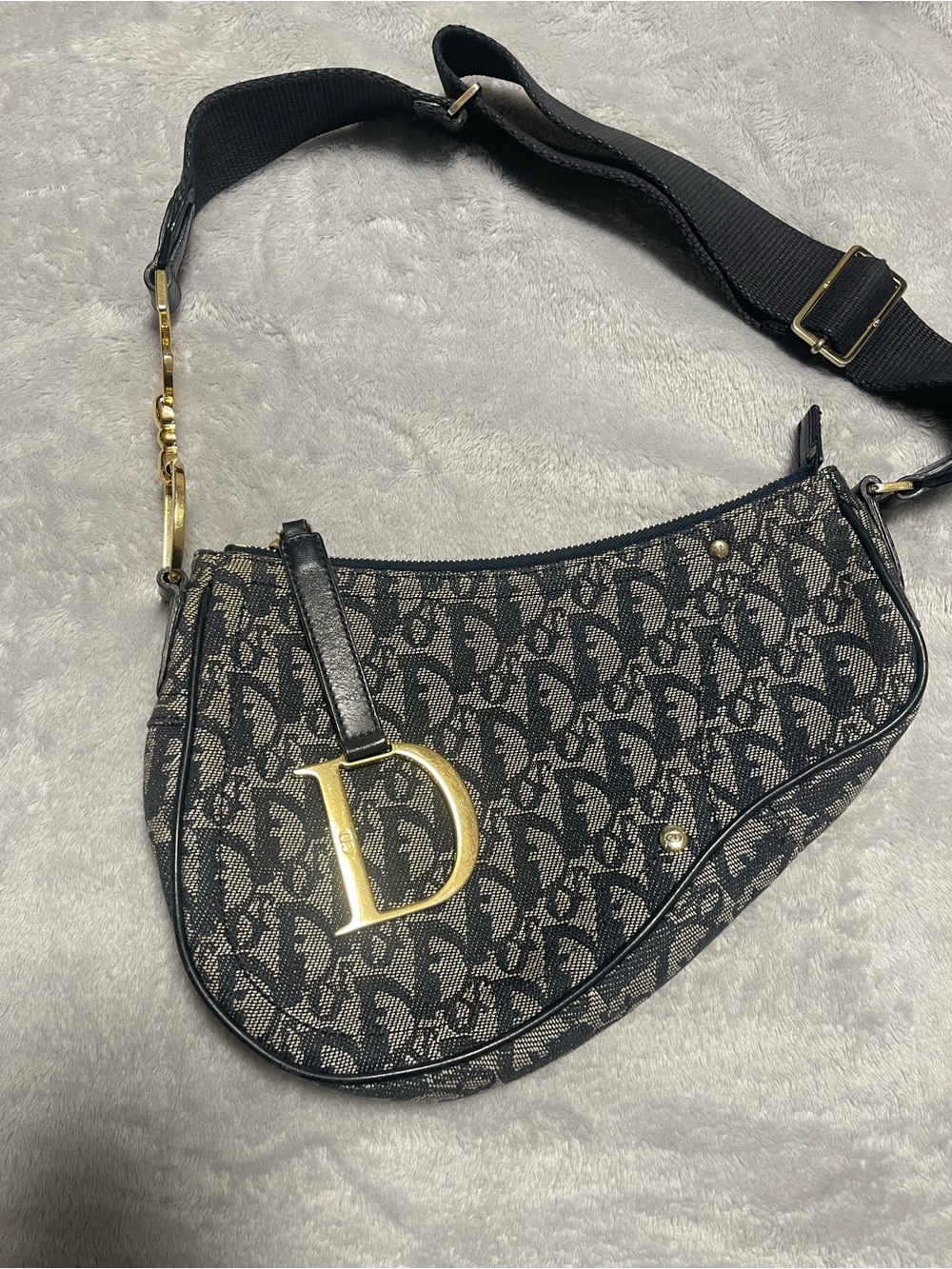 Dior Black and Beige Saddle Bag with Gold 'D' Charm